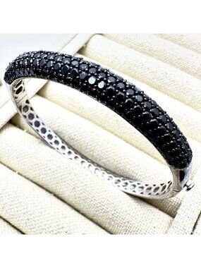 JTV Black Spinel Sterling Silver Hinged Bangle Bracelet 7 1/4 Inch 23 Grams